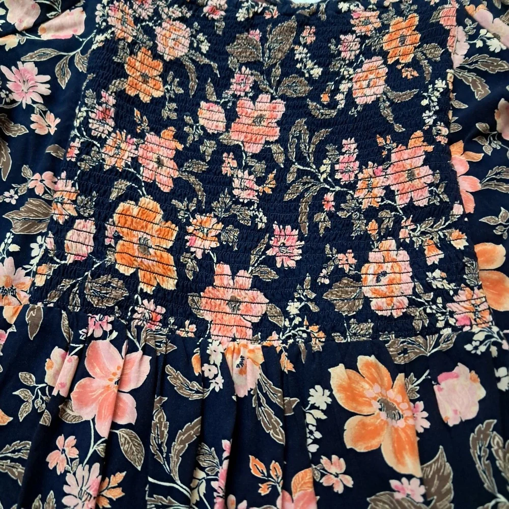 Old Navy Dress Women's Large Midi Navy Floral Puff Sleeve Smocked Feminine - Picture 5 of 12